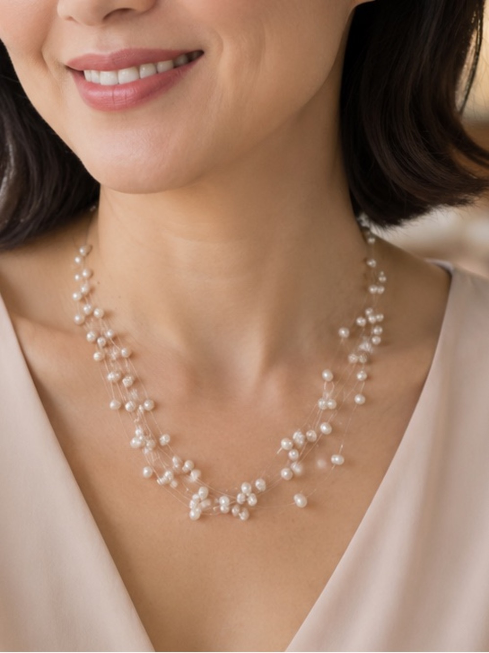 LIA SOPHIA Floating Faux Pearl Illusion Necklace Silver Tone Cocktail Statement